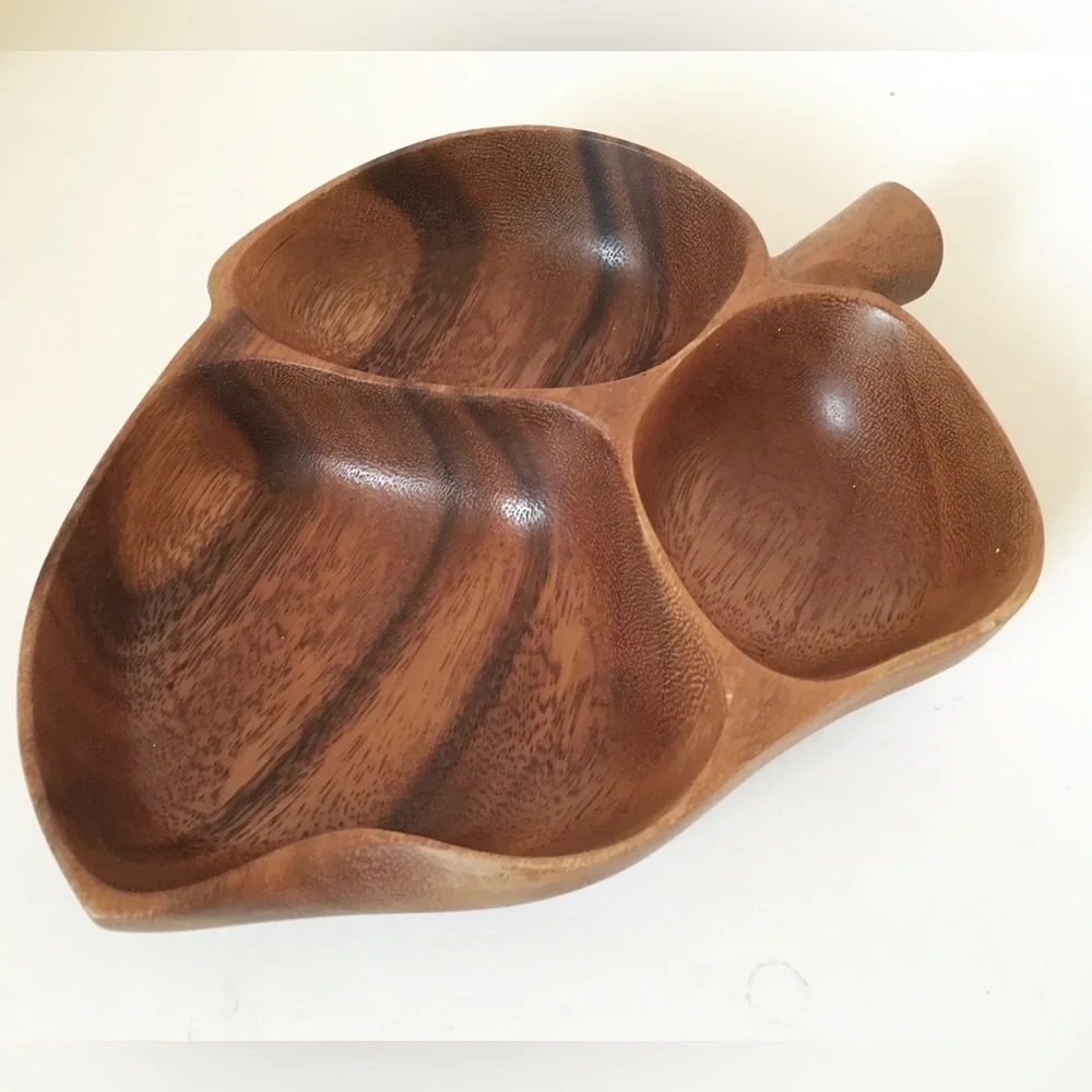 Vintage Hand Carved Leaf Shape Monkey Pod Divided Dish